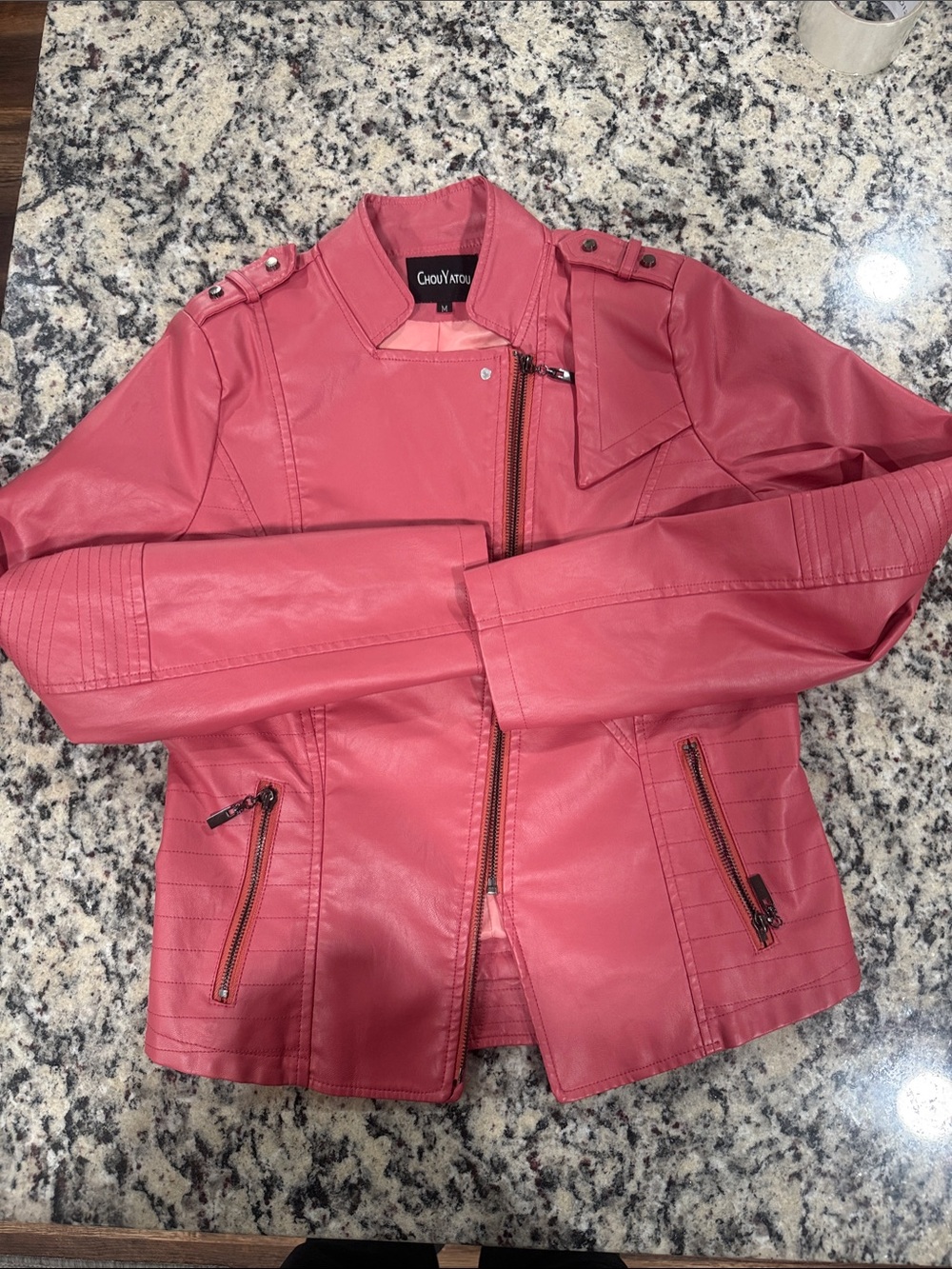 Chou Yatou Women's Pink Faux Leather Moto Jacket
